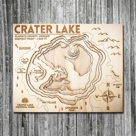 Crater Lake, OR Wood Map | 3D Topographic Wood Chart