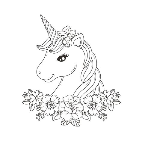 Página para colorear de cabeza de unicornio con corona de flores | Vector Premium