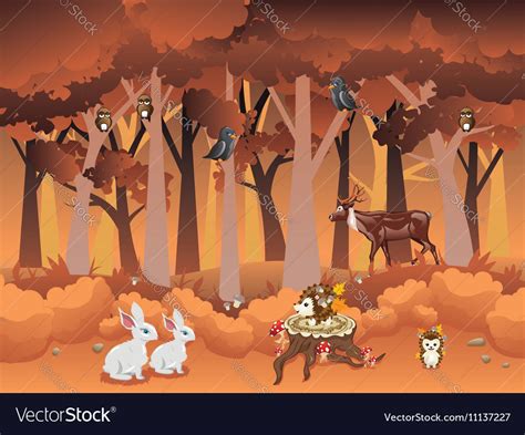 Cartoon Autumn Forest with Animals Royalty Free Vector Image