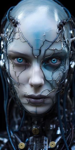 Premium AI Image | Silicon Robotic Human Face with Wires and Optical Fiber