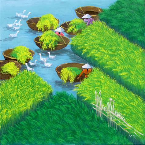 To Ngoc | Original Asian Art Online | Early morning on the rice field 01