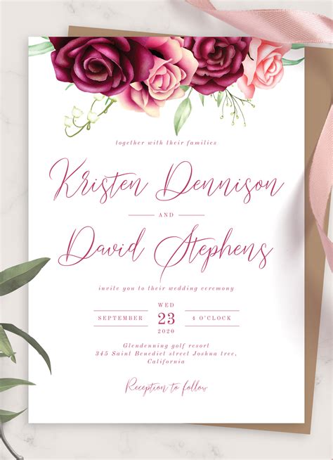 Download Printable Rose Bouquet Burgundy Wedding Invitation PDF