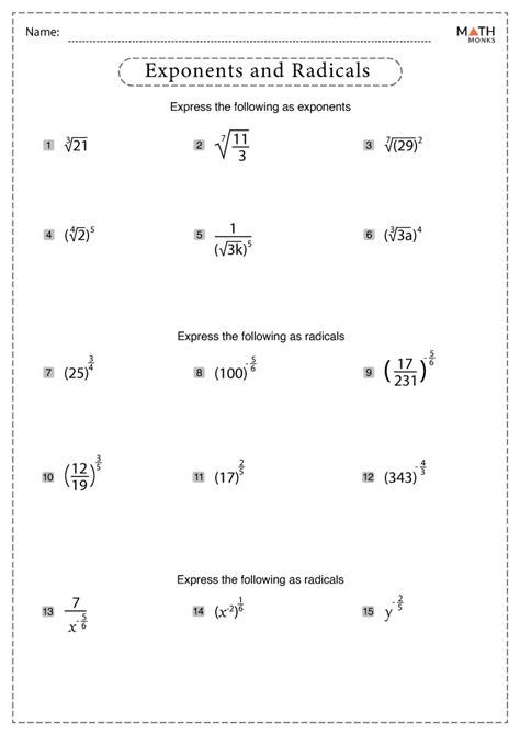 Radicals and Rational Exponents Worksheets - Math Monks