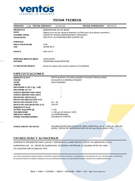 Specs Cremophor RH 40 Basf | PDF | Química | Sustancias químicas