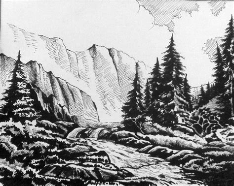Landscape drawings, Landscape sketch, Ink pen drawings