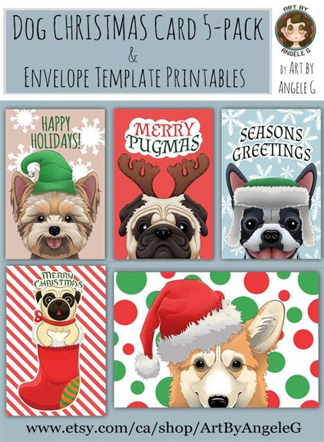 Dog CHRISTMAS Printable Cards, set of 5, PRINTABLE envelope, instant ...