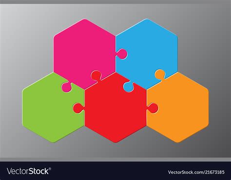 Five piece puzzle hexagon diagram puzzle 3 step Vector Image