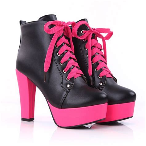 I love these. Pink and black high heeled ankle boots | Heels, Pink ...