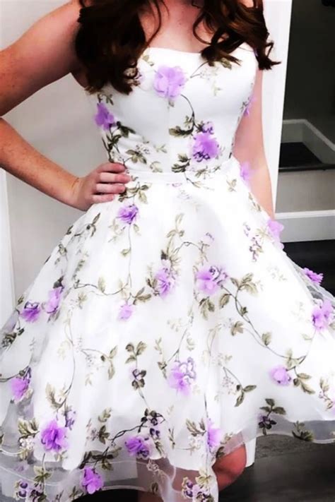 White tulle purple flower short prom dress cocktail dress | Short prom ...