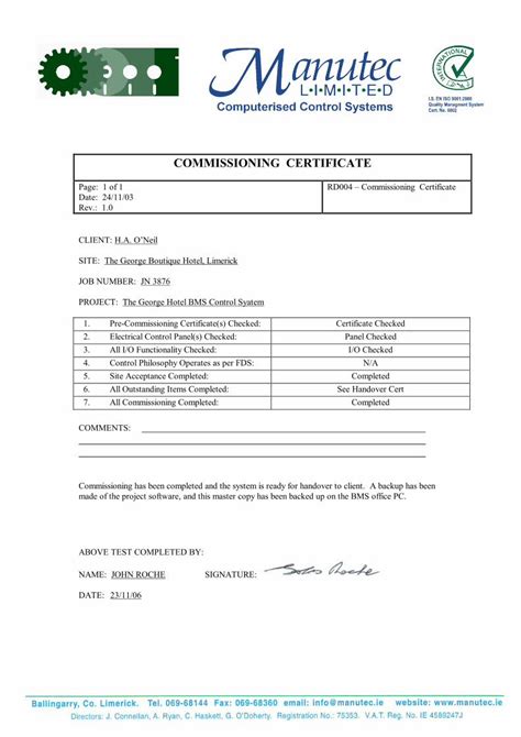 (PDF) COMMISSIONING CERTIFICATE - · PDF filePre-Commissioning ...