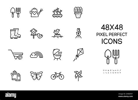 Spring activities and gardening icons set. Such as butterfly, bicycle, seedling, rainbow, bbq ...