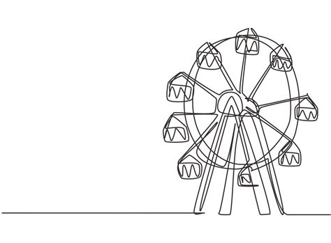 Single one line drawing of a ferris wheel in an amusement park, a large circular circle high in ...