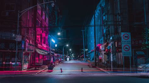 street, night city, neon, buildings, 4k HD Wallpaper