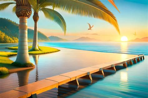 Premium AI Image | A painting of a beach with palm trees and a sunset.