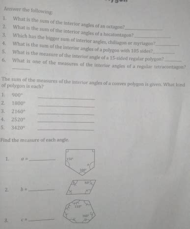 Solved: Answer the following: 1、 What is the sum of the interior angles ...