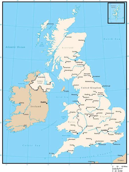 British Islands Map with Cities in Adobe Illustrator Format