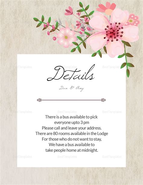 Pink Floral Wedding Details Card Design Template in PSD, Word, Publisher, Illustrator, InDesign