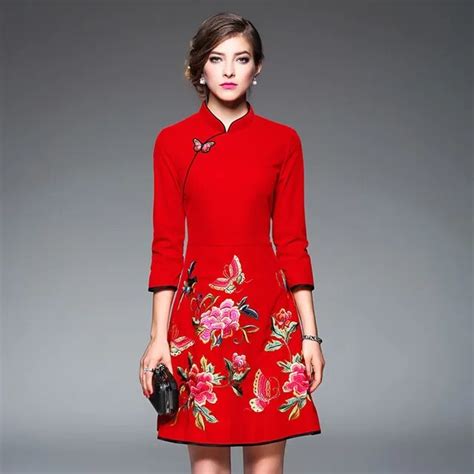 Red Flower Qipao Women Modern Traditional Chinese New Year Dress Embroidery Cheongsam Long ...