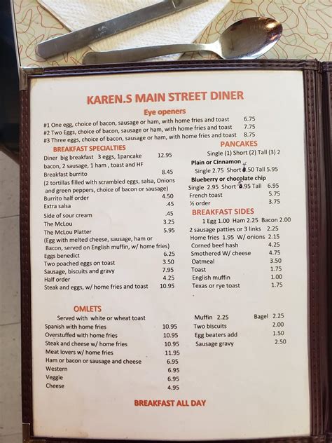 Menu at Karen's Main Street Diner restaurant, Calais