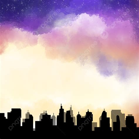 Night Sky City Silhouette PNG Free, City Silhouette Watercolor Sky Cloud, Watercolor Clouds ...