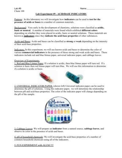 Chem 100 Lab Experiment #9 - ACID/BASE INDICATORS Purpose ...