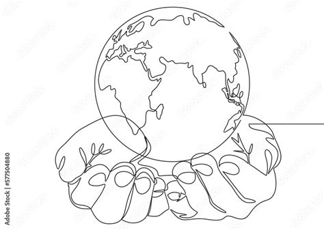 continuous line drawing of two hands holding the globe on the palm of ...