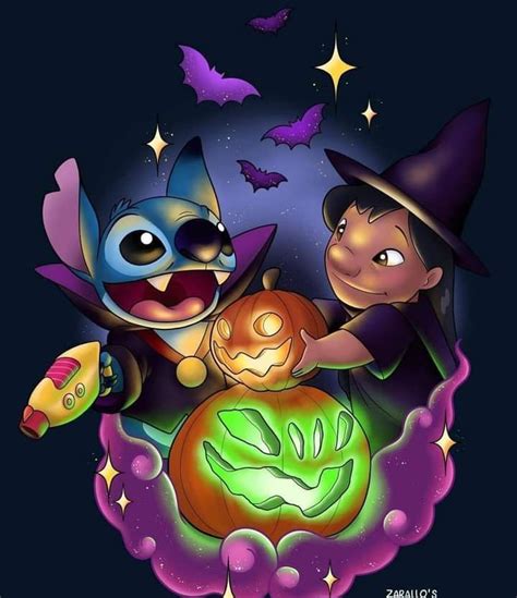 two cartoon characters holding a pumpkin in front of a night sky with bats and stars