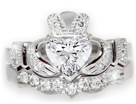 14K White Gold Diamond Claddagh Ring with Matching Wedding Band # ...