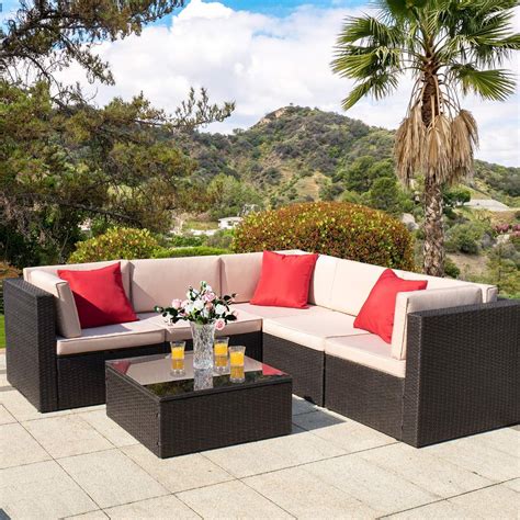 Walnew 6 Pieces Outdoor Furniture Patio Sectional Sofa Sets All Weather PE Rattan Manual Wicker ...