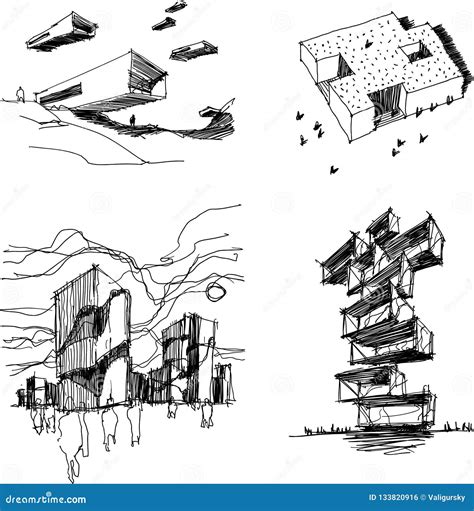 Four Architectural Sketches of Modern Abstract Architecture Stock Vector - Illustration of ...