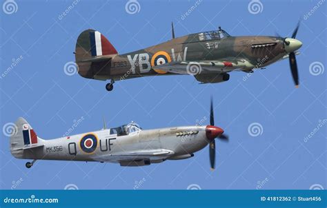 Spitfire And Hurricane From The Battle Of Britain Memorial Flight (BBMF) Performing A Flypast ...