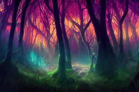 Fantasy magical fairy tale forest neon sunset rays of light through the trees digital art ...