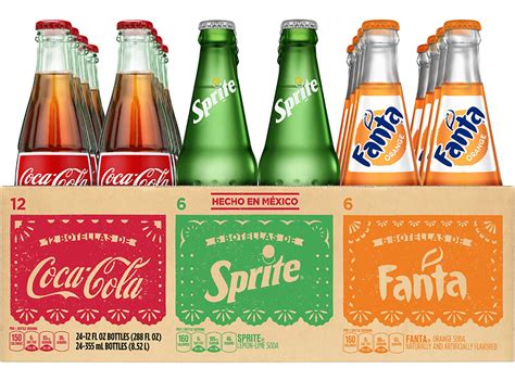 Mexican Soda Variety Pack, 12 Coca Cola, 6 Sprite, 6 Orange Fanta, 12 fl oz Glass Bottles (24 ...