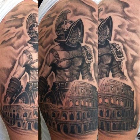 Accurate painted black and white antic roman arena tattoo on shoulder ...