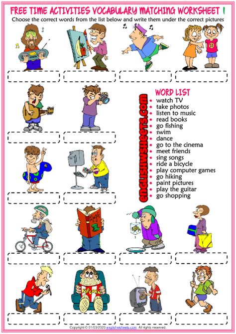 Free Time Activities ESL Matching Exercise Worksheets