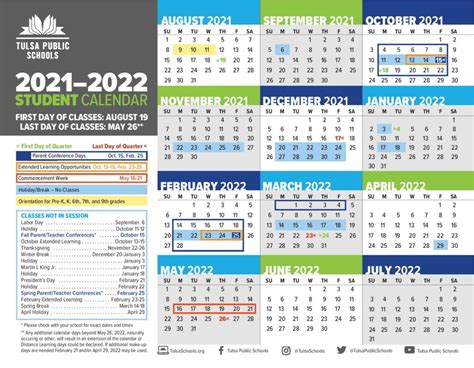 Tulsa Public School Holiday Calendar 2021-2022 in PDF