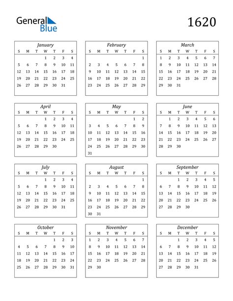 1620 Calendar (PDF, Word, Excel)