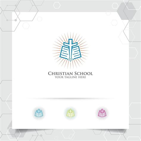 Christian school logo design vector with concept of book, pen and cross ...