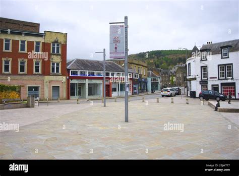 Normally busy Market Square in Galashiels, Scottish Borders, deserted ...