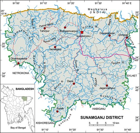 Maps of Bangladesh: Political Map of Sunamganj District