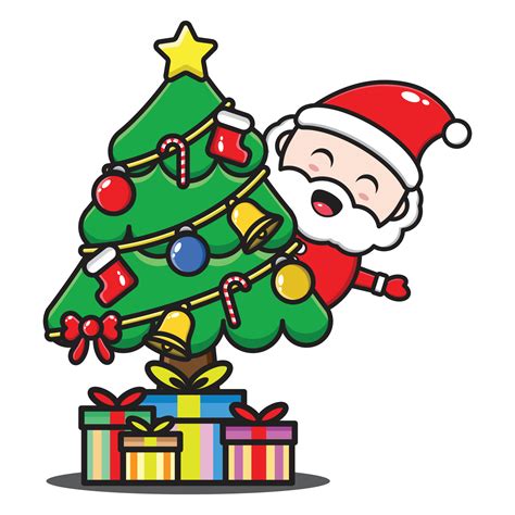 cute santa claus cartoon illustration with christmas tree and gifts ...