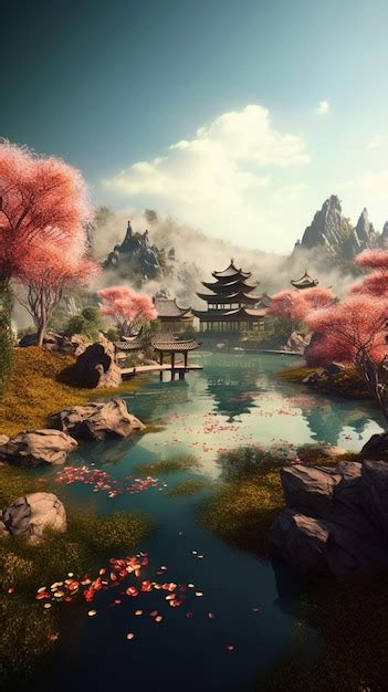 Premium AI Image | A painting of a pond with a japanese style house in the background.