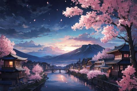 Premium AI Image | Cherry blossoms on the lake at sunset Digital painting