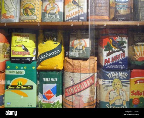 Many antique brands of yerba mate on display in the Museo del Mate, Tigre, north of Buenos Aires ...