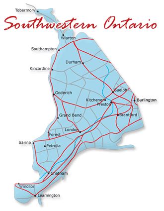 Map of Southwestern Region in Ontario, Canada