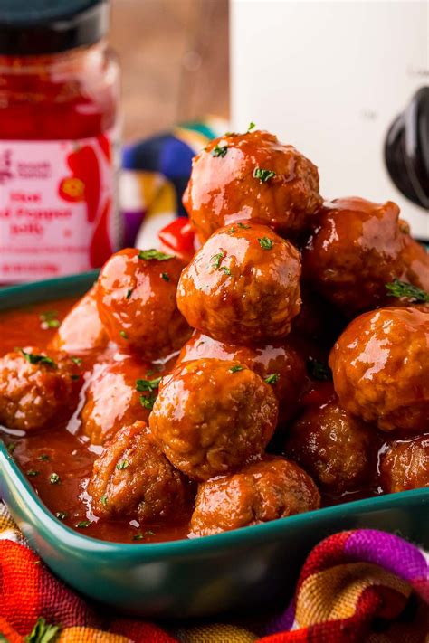 This Hot Pepper Jelly Meatballs recipe combines frozen meatballs, raspberry jam, chili sauce ...