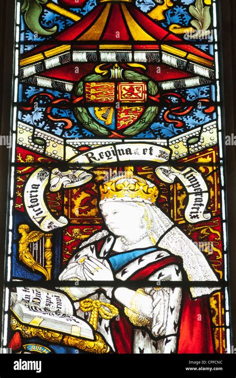 England, Hampshire, Winchester, Winchester Cathedral, Stained Glass Window depicting Queen ...