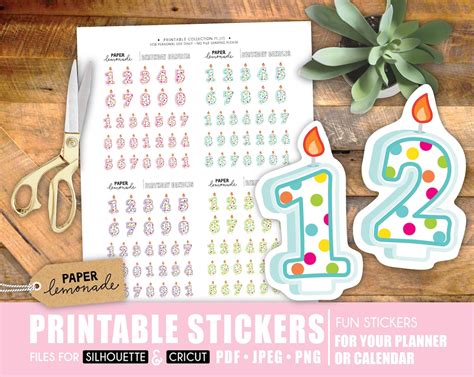 Number Candle Birthday Printable Stickers Party Planner Decor Celebration Stickers in 4 Colours ...