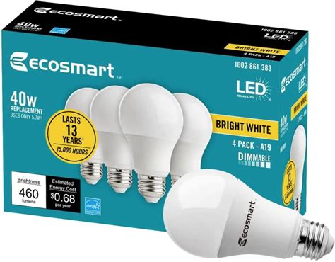 EcoSmart 40-Watt Equivalent A19 Dimmable Energy Star LED Light Bulb Bright White (4-Pack ...