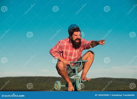 Funny Man on a Bicycle. Emotional Crazy Guy on a Childrens Bike. Stock Photo - Image of ...